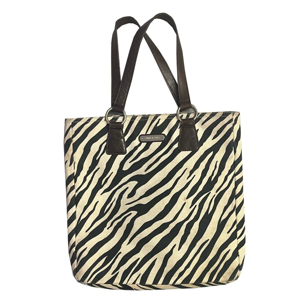 cynthia rowley zebra canvas tote bag with brown leather handles